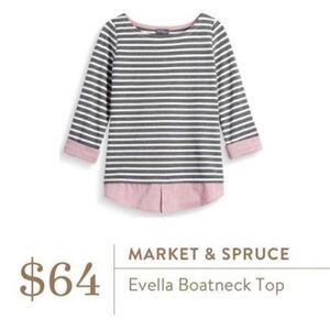 Market & Spruce Evella Boatneck Striped Layered Top 3/4 Length Sleeves Gray SM‎